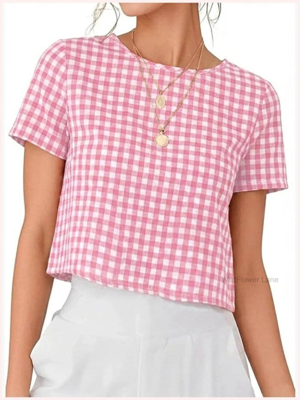 Womens Gingham Crop Short Sleeve Blouse Top